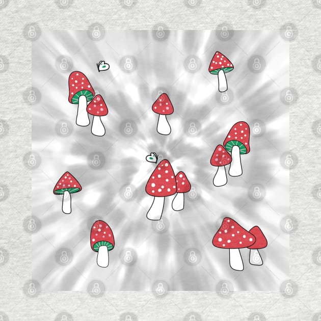 Aesthetic Red Hatted Mushrooms and Butterflies on a Black and White Tie Dye Background by YourGoods